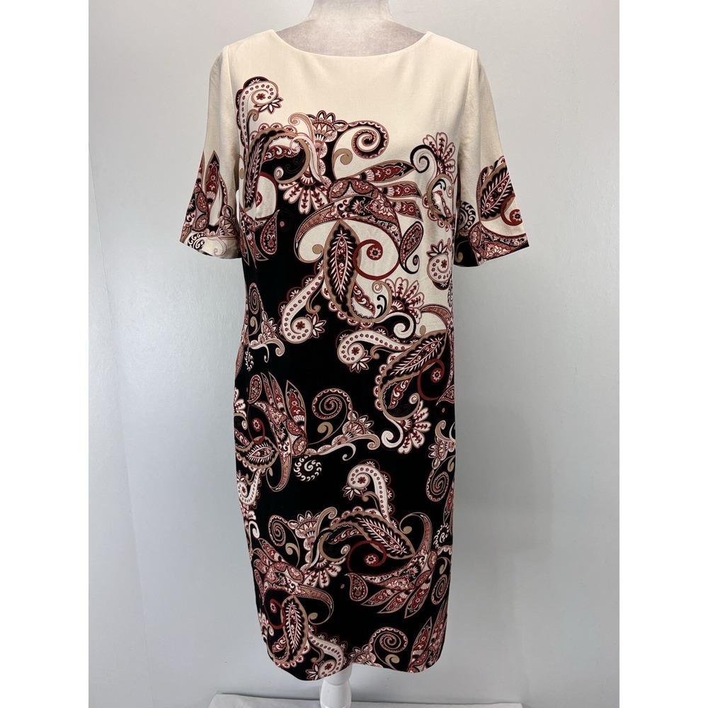 Chicos Paisley Print Ponte Sheath Dress Sz 1 US 8 Medium Short Sleeve Back Zip